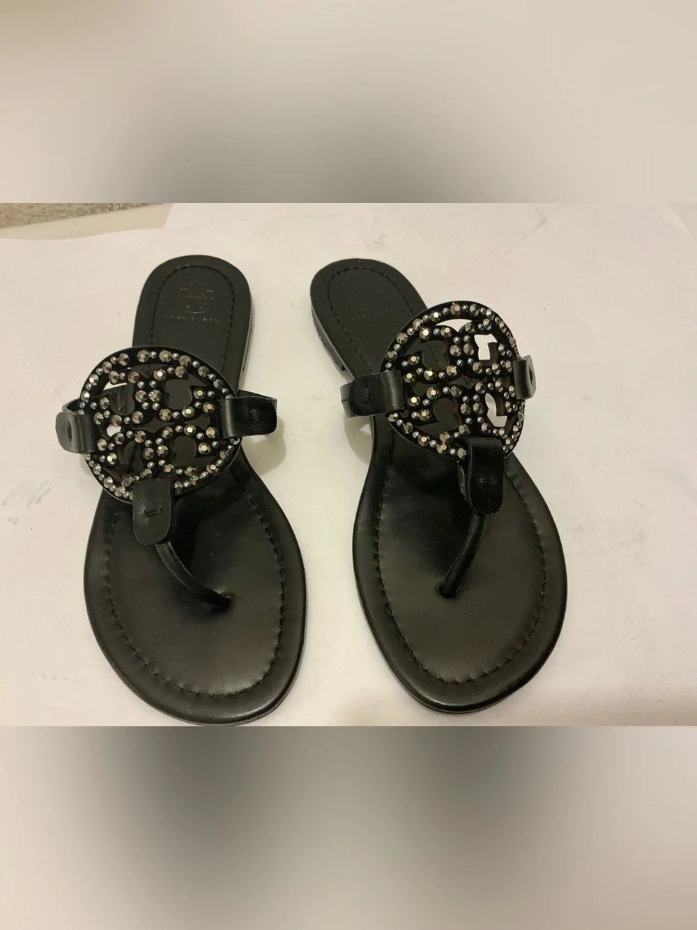 Tory Burch Black Crystal Logo Toe-Post Sandals 7.5M